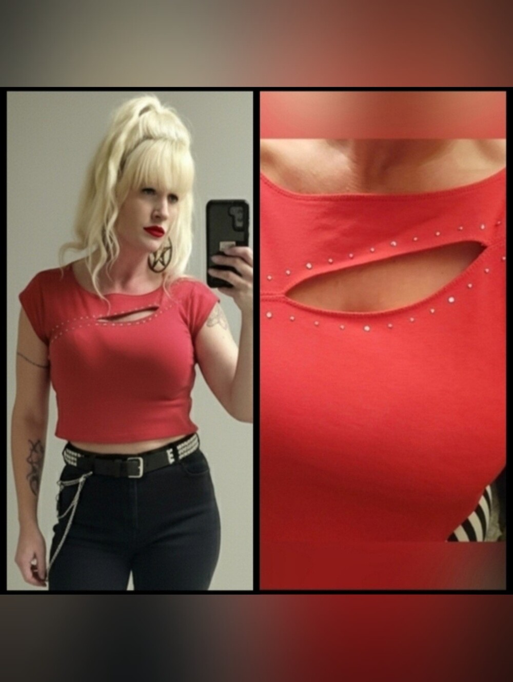 Vtg Y2K Derek Heart red cut out rhinestone embellished cap sleeve crop blouse M